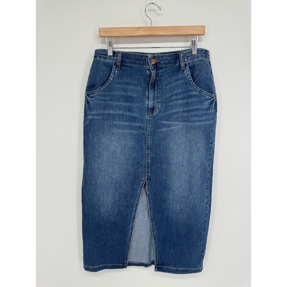 Wash Lab Denim Midi Skirt Women 31 Front Slit High Waisted Boho Western Classic